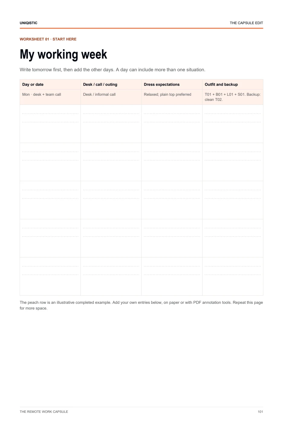 Preview of the My working week worksheet with an example entry