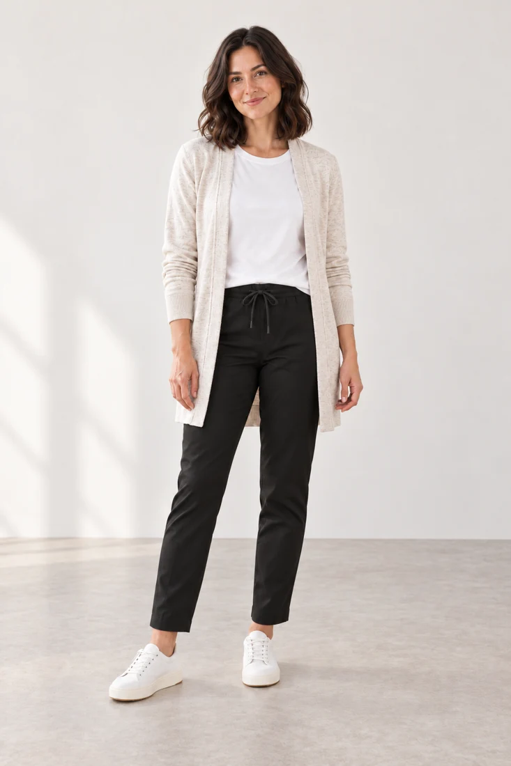 Outfit 01 illustration: light tee, dark pants and a soft open layer