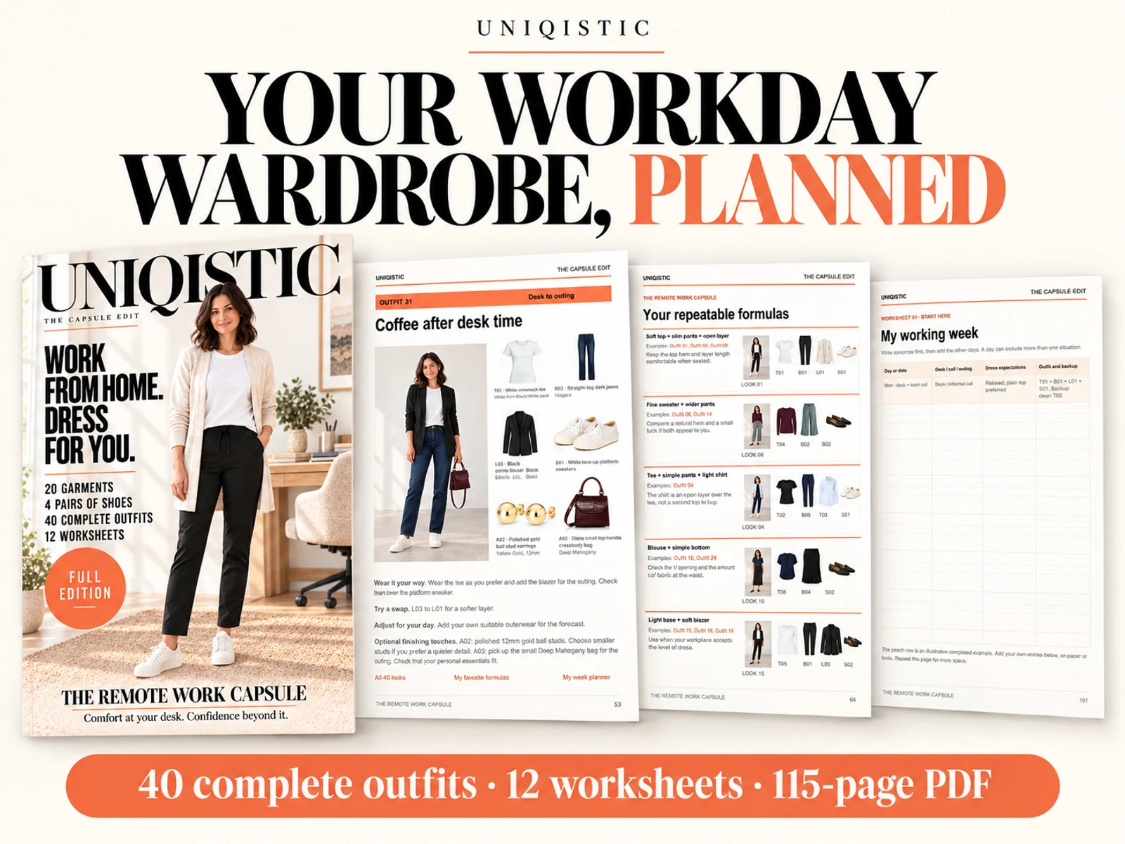 Product overview showing the cover, a complete outfit, repeatable outfit formulas and a working-week worksheet
