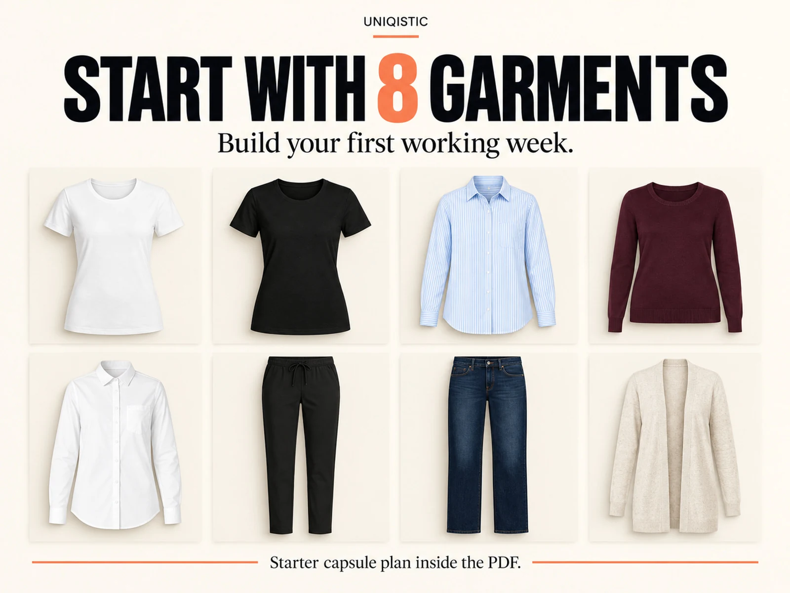 The starter capsule: five tops, black pants, dark jeans and an oatmeal cardigan