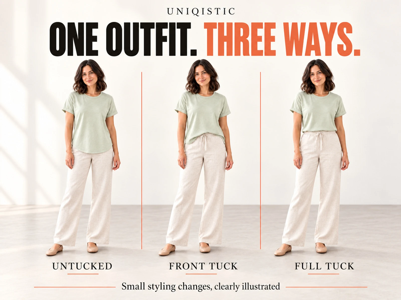 One green tee and light pants styled untucked, with a small front tuck and fully tucked