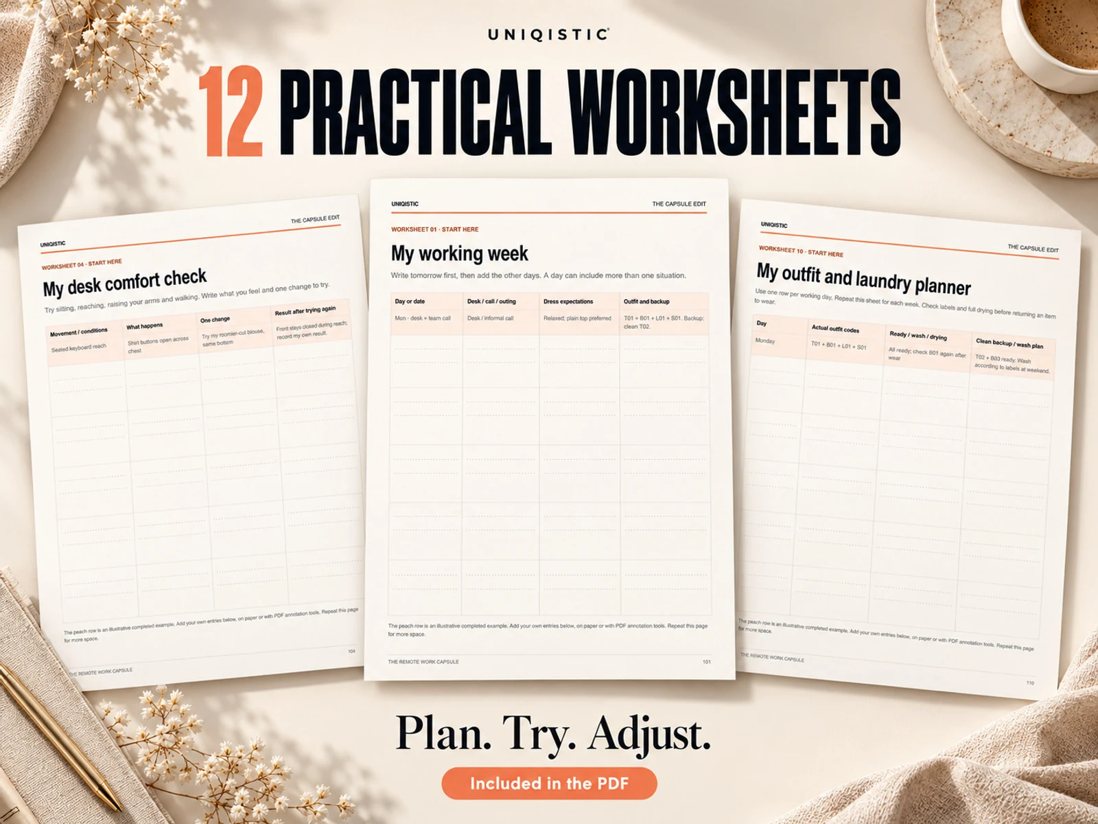 The ebook's practical worksheets for desk comfort, working week and outfit and laundry planning